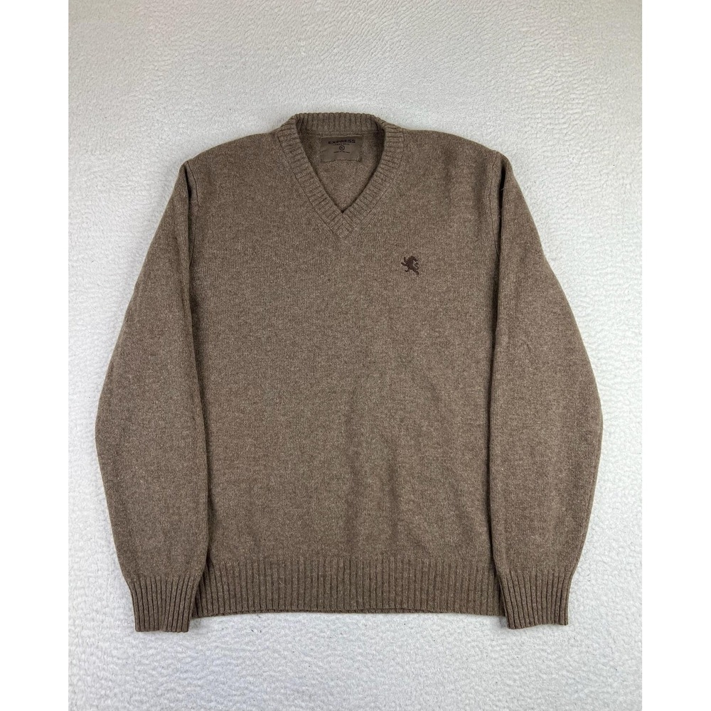 Express Sweater Mens XL Brown 100% Lambs Wool V Neck Pullover Logo 24599